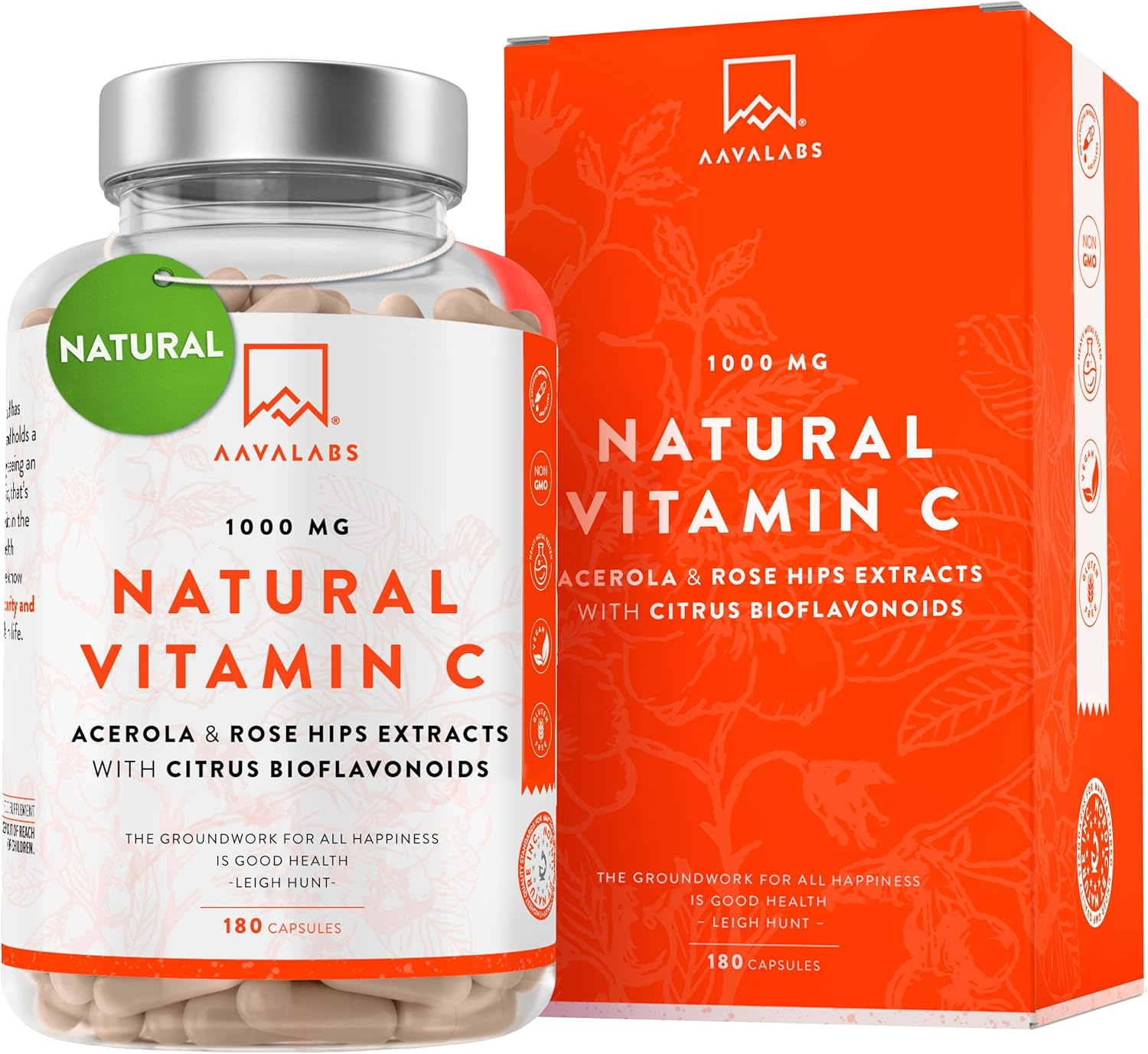 Vitamina C 1000 Mg – Vitamina C Natural – Con Flavonoides De Fruta Cítrica Y Acerola – Por Dosis Diaria (2 Cápsulas) – 180 Cápsulas De Vitamina C Pura Altamente Concentrada- Vegano Y Sin Gluten